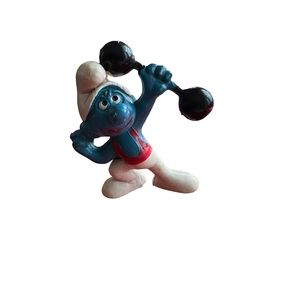 1972 Schleich Smurfs PVC Figure 20020-Barbell Gymnast Smurf w/ Red Shirt